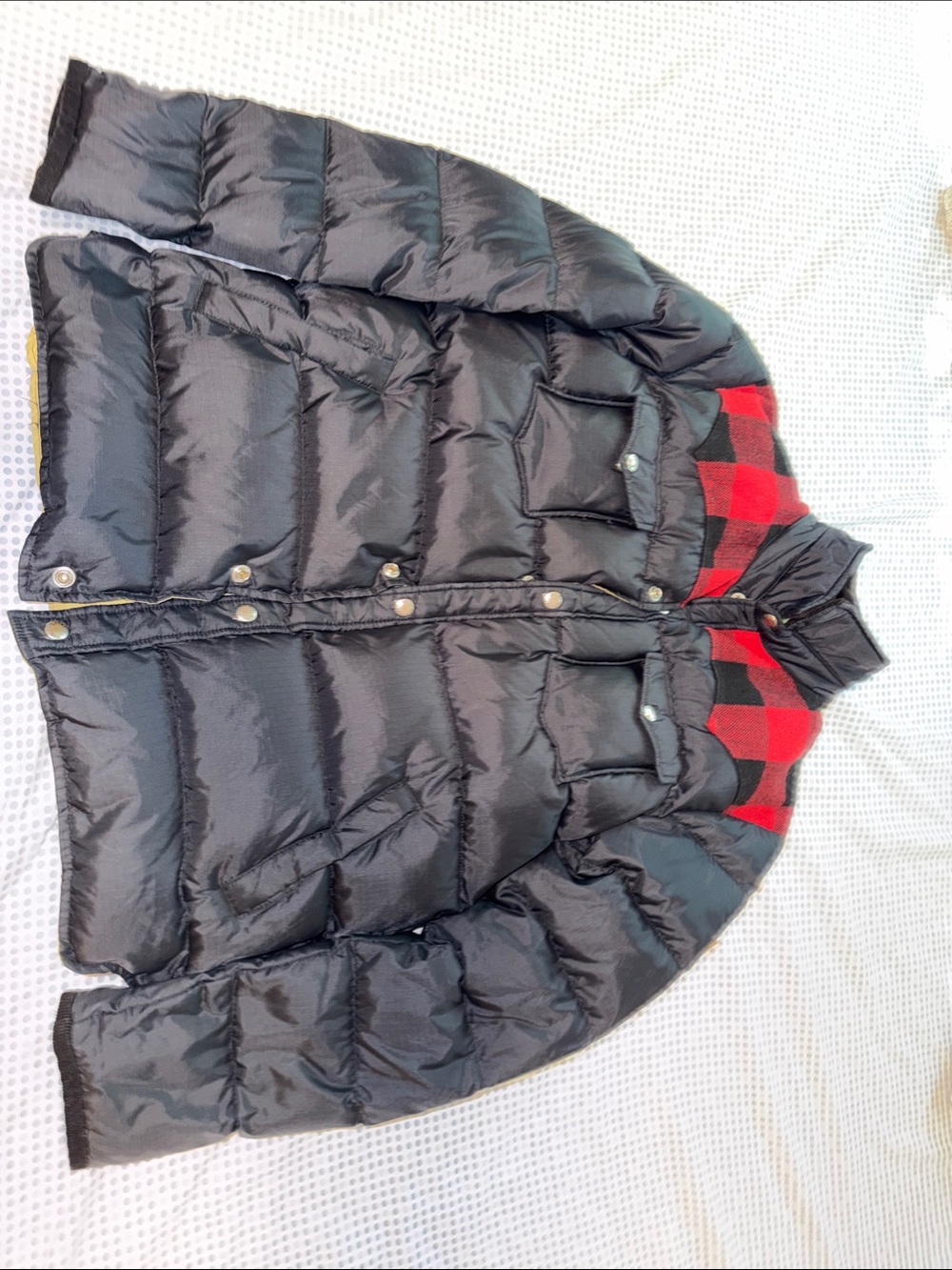Penfield Black Quilted Puffer Jacket with plaid accent